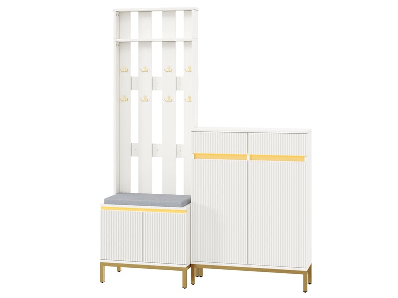  Ensemble vestiaire blanc avec meuble à chaussures, banc, patères et éclairage led contrôlé par application  - Conforama A