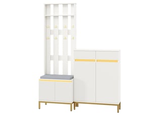 Ensemble vestiaire blanc avec meuble à chaussures, banc, patères et éclairage led contrôlé par application