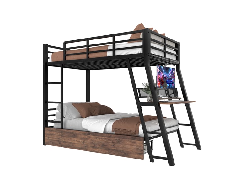 Lit mezzanine 90 x 200 cm en métal avec bureau, tiroirs, led et escalier noir - Conforama A