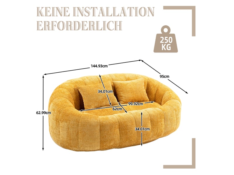 Canapé paresseux confortable fixe 2 places en chenille avec 2 oreillers,150x95x63cm,jaune canapé jaune - Conforama C