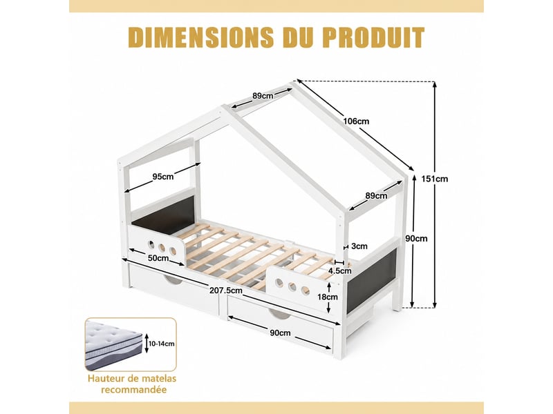 Lit cabane enfant avec deux tiroirs, bois et mdf, 90 x 200 cm, tableau ardoise, blanc - Conforama C