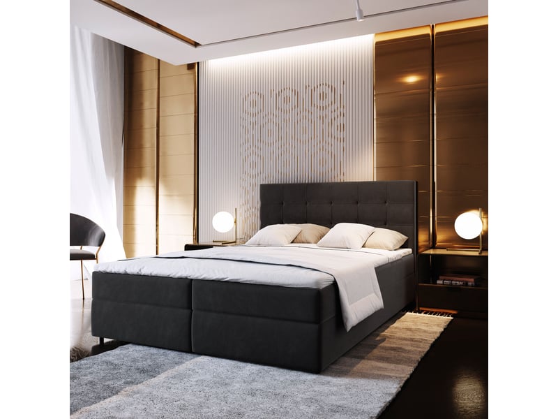  Boxspring glos 200x200 cm, lit complet avec matelas, noir  - Conforama B