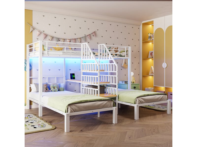  Lit superposé 90x200 cm avec bande lumineuse led et bureau, 3 couchages, lit enfant 2 ports usb + 1 prise électrique, blanc  - Conforama E