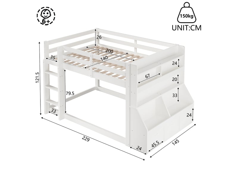  Lit mezzanine 140x200 cm avec rangements intégrés, étagères et bande lumineuse led, pour chambre d’enfant, optimisation de l’espace - blanc  - Conforama C