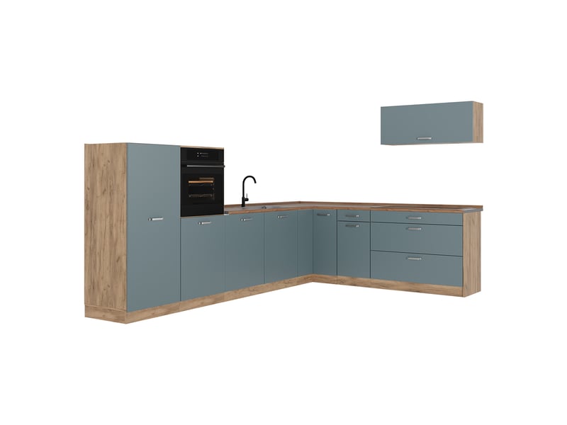 Vicco cuisine en angle, bleu-grischêne doré, 327 x cm plan de travail chêne doré - Conforama A