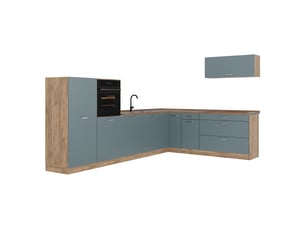 Vicco cuisine en angle, bleu-grischêne doré, 327 x cm plan de travail chêne doré