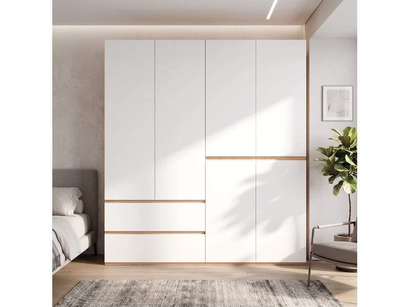  Armoire 6 portes modenvie 180 x 50 x 200 cm avec 2 tringles et 5 tiroirs, blanc et chêne artisan  - Conforama E