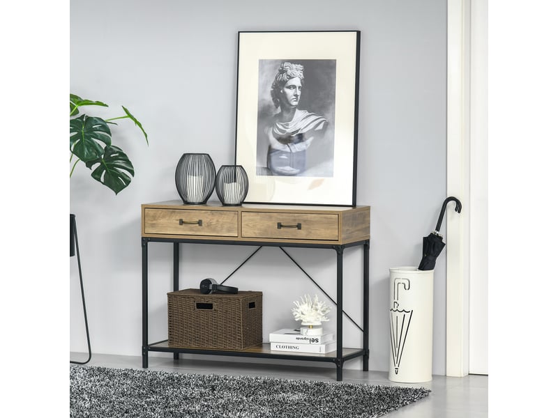  Table console table d'appoint d'entrée industriel dim. 100l x 35l x 76h cm avec 2 tiroirs et 1 plateau aspect bois  - Conforama C