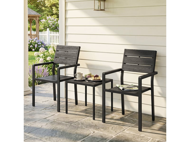 Ensemble de jardin 3 pièces avec 2 chaises et une table en pehd, design à lattes effet bois pour terrasse ou balcon, noir - Conforama D