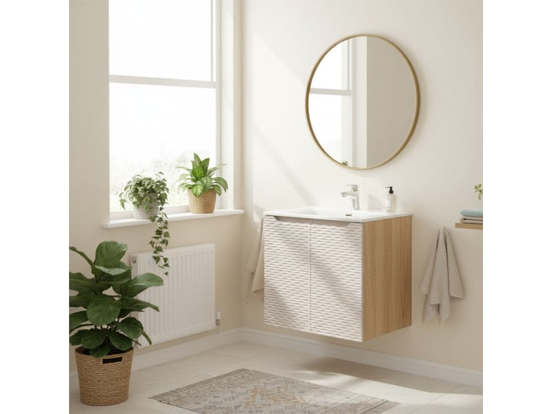  Ensemble de salle de bain yoka beige : meuble sous vasque à placards 60 cm + vasque à encastrer  - Conforama B