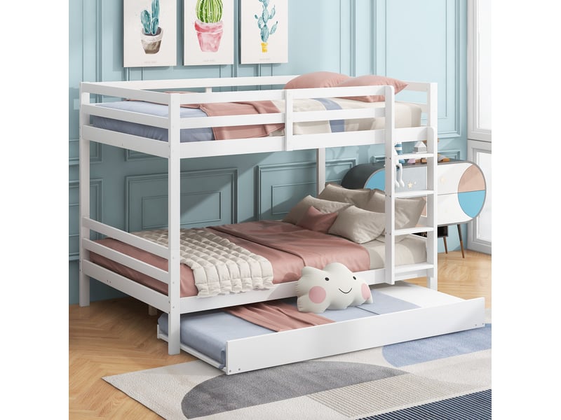  Lit superposé enfant 140x200 cm avec lit gigogne, échelle et barrières, blanc  - Conforama D