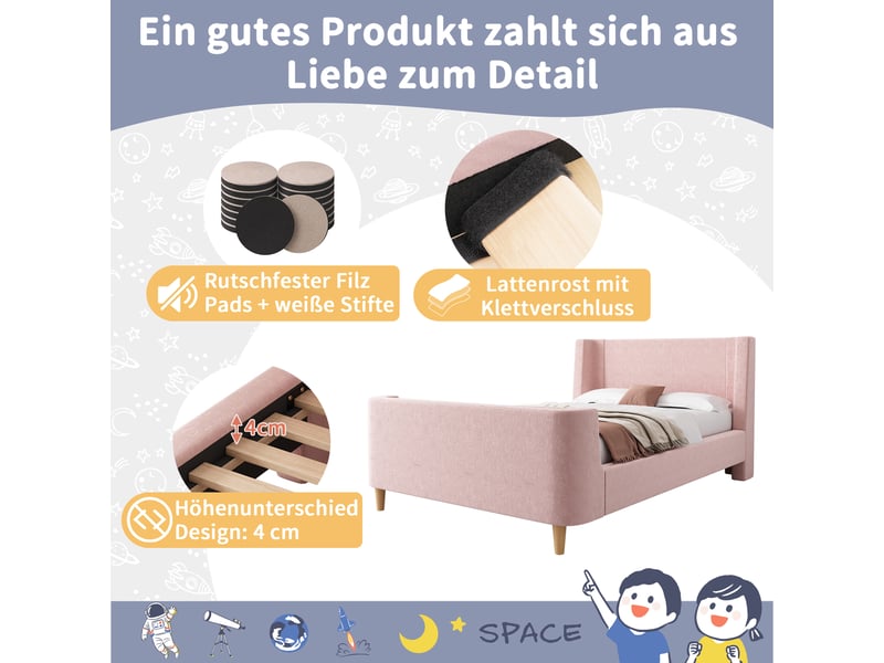  Lit enfant simple 90×200 cm tête rembourrée et motif espace  - sans matelas, velours rose  - Conforama E