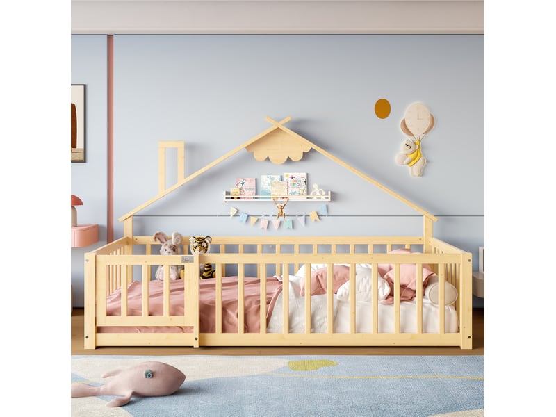  Lit enfant maison 90x190 cm, design cabane, assemblage facile, serrure, garde-corps 32 cm, bois et mdf, naturel sans matelas  - Conforama E