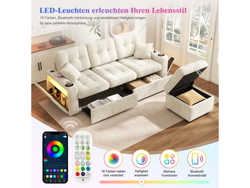  Canapé d'angle multifonction 3 places 194x133x83 cm en chenille - usb-c porte-gobelets led 2 tiroirs roulants pouf coffre - beige BUYDEEMEUS - Conforama E