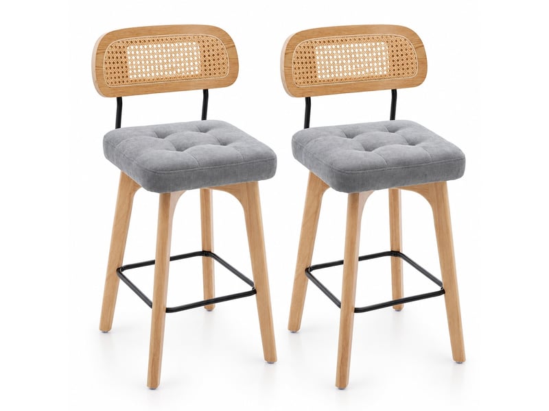 Lot de 2 tabourets de bar pivotants 360° avec dossier en rotin et assise en chenille, gris, 44 x 51 x 96 cm Fay Lum - Conforama A