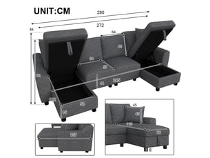 Canapé panoramique 2 places gris en chenille, 280 × 137 × 84 cm, avec rangement et 2 coussins, pour salon