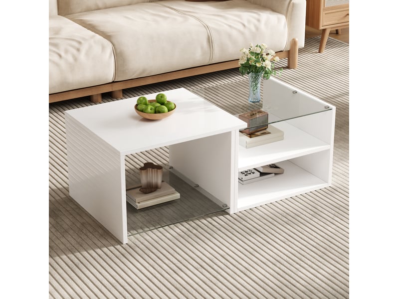  Table basse 100x50x38 cm à led et plateaux en verre blanc  - Conforama D
