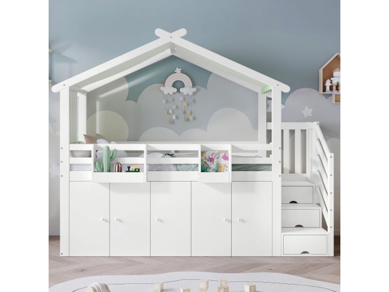 Lit superposé 90x200 cm, placard et marches avec 3 tiroirs, avec barrières, en bois, blanc et vert, sans matelas - Conforama C