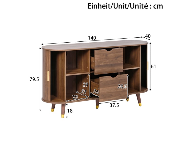 Buffet - 140x40x79.5cm - meuble de rangement bahut ovale avec portes coulissantes à lattes, 2 tiroirs &amp; pieds bois - noyer foncée  - Conforama E