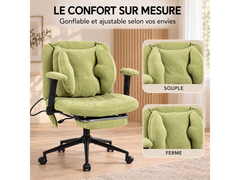  Fauteuil de bureau ergonomique en tissu respirant, coussin lombaire gonflable réglable, assise large pour s’asseoir, vert  - Conforama D