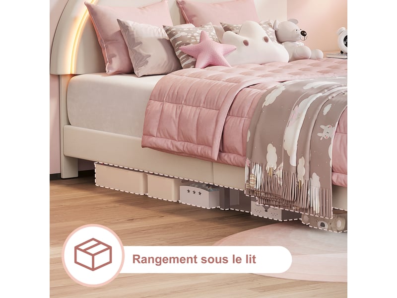 Lit enfant et lit simple 90x200 cm avec led, tête de lit lapin avec oreilles, tissu velours, blanc, sans matelas - Conforama E