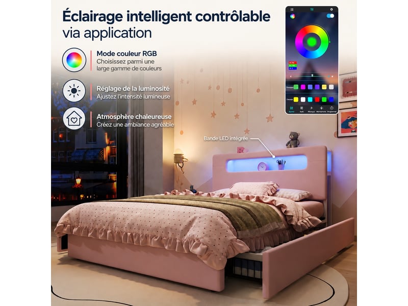  Lit enfant rembourré 140 x 200 cm à tête réglable avec éclairage led, 4 tiroirs de rangement, lit d'appoint pour chambre, rose  - Conforama B