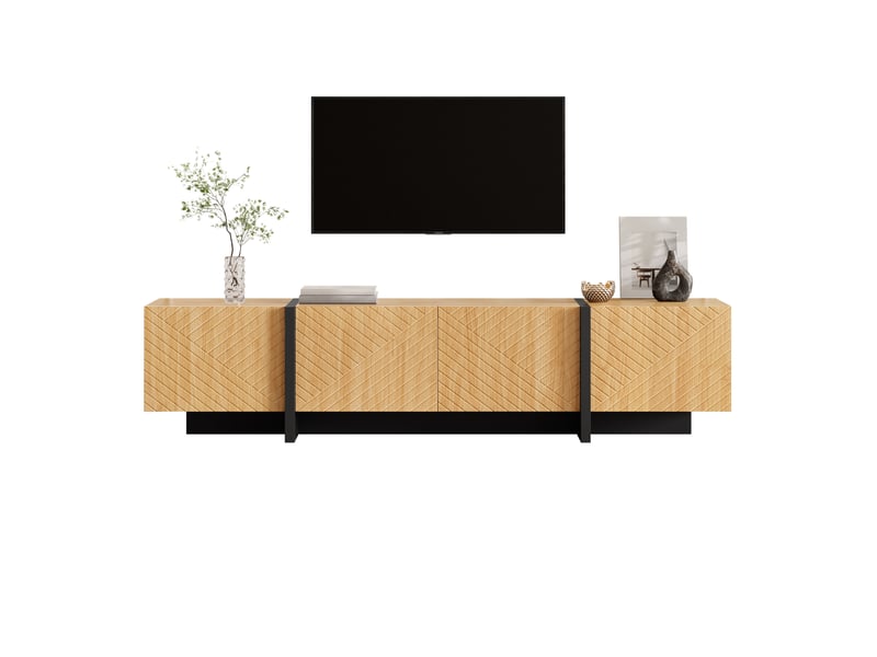 Meuble tv 187x32x45 cm avec 4 portes et passe-câbles, pour le salon, en mdf et panneau de particules, naturel et noir  - Conforama A