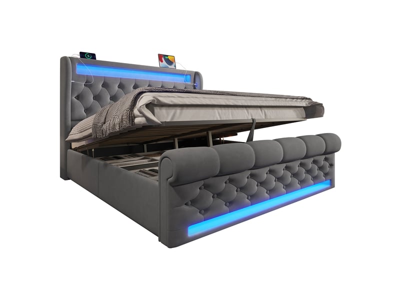  Lit rembourré 160x200 cm, lit coffre avec éclairage led et ports usb et type-c, gris, lit double avec espace de rangement  - Conforama B