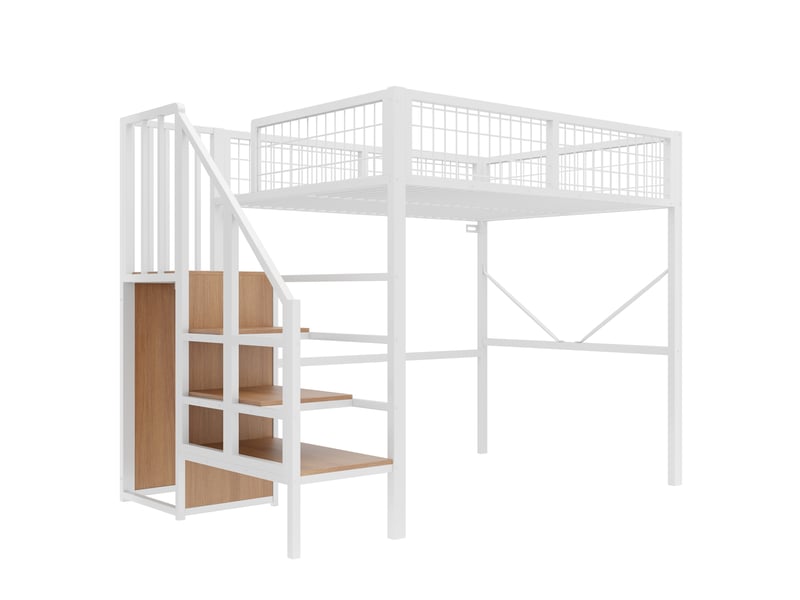  Lit mezzanine en métal 140 x 200 cm - avec échelle - avec éclairage led - avec barrières de sécurité - blanc (matelas non inclus)  - Conforama R