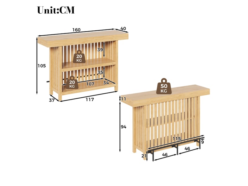 Table de bar avec repose-pieds et étagères 160x40x105 cm en mdf naturel - Conforama C