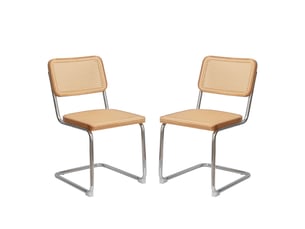 Lot de 2 chaises de salle à manger mid-century, velours et rotin, pieds chromés, rembourrées
