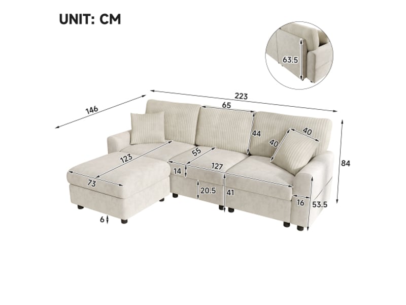  Canapé d'angle gauche fixe 4 places tissu beige avec coffre de rangement  - Conforama C