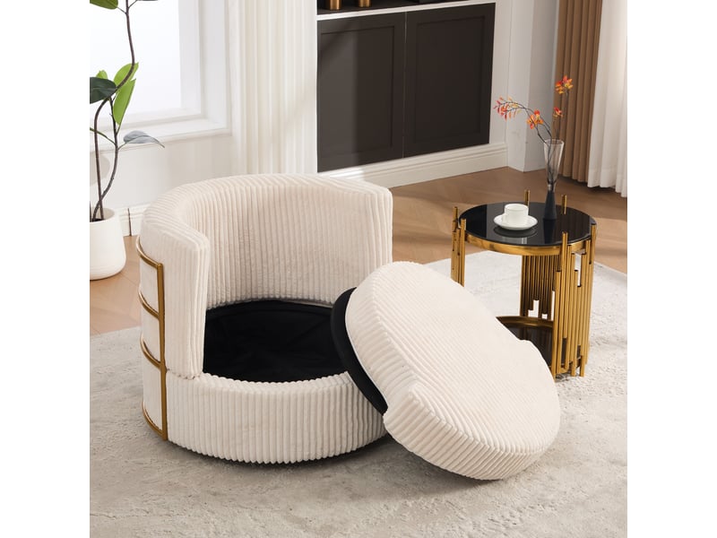 Fauteuil 1 place - 76 x 79 x 78 cm - fauteuil tournant 360° en cord, coffre de rangement et coussin inclus - beige - Conforama D