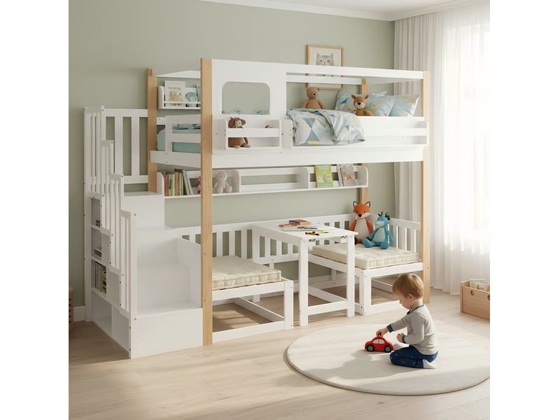  Modenvie lit mezzanine enfant 90x200 cm - table escamotable, escalier de rangement, sans matelas - blanc et naturel  - Conforama D