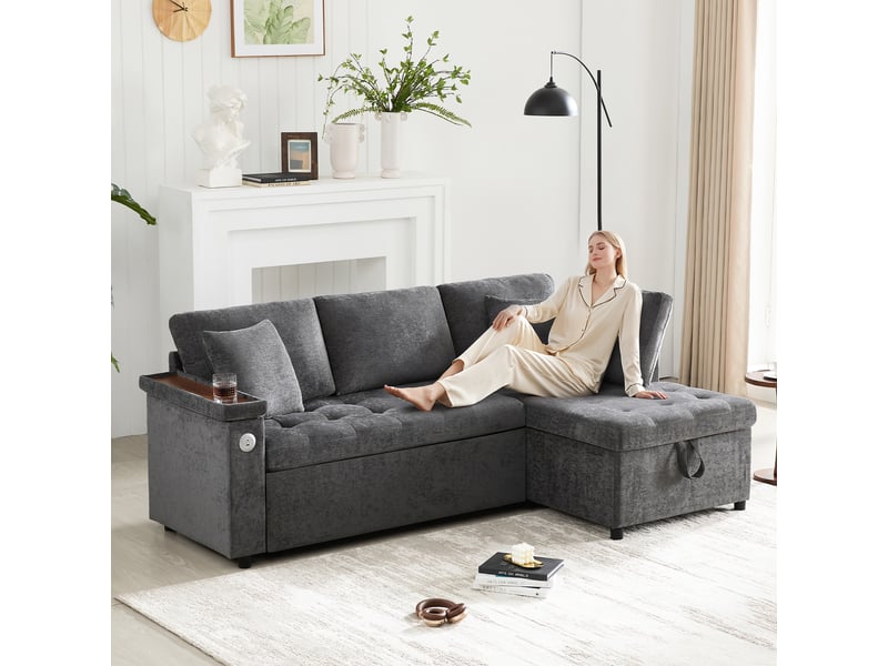 Canapé d’angle convertible l 34 places 209x130x84 cm avec fonction lit, coffre de rangement, méridienne droite, porte-gobelet, usb, étagère d’accoudoir, 2 coussins, tissu chenille - gris - Conforama B