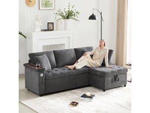 Canapé d’angle convertible l 34 places 209x130x84 cm avec fonction lit, coffre de rangement, méridienne droite, porte-gobelet, usb, étagère d’accoudoir, 2 coussins, tissu chenille - gris
