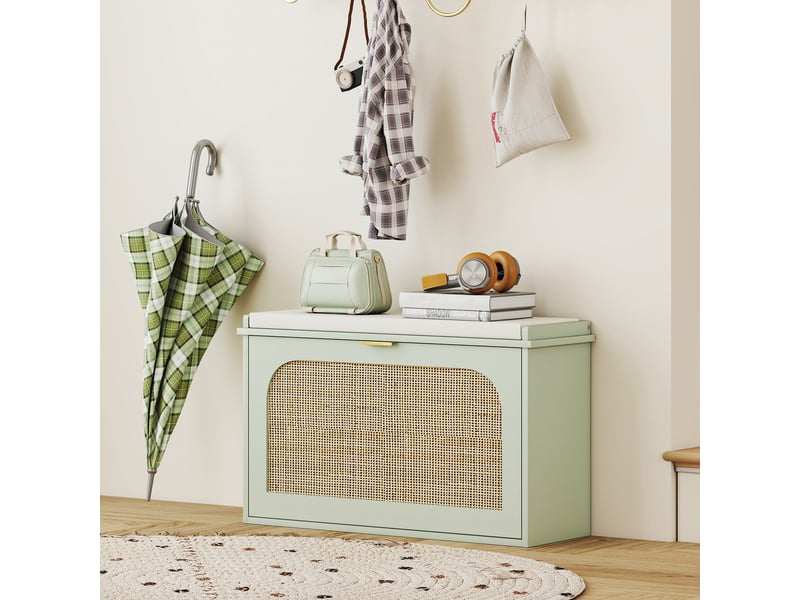  Banc à chaussures, banc de rangement, assise rembourrée, tiroir rabattable, porte en rotin, 80 x 26 x 47,5 cm, vert  - Conforama D