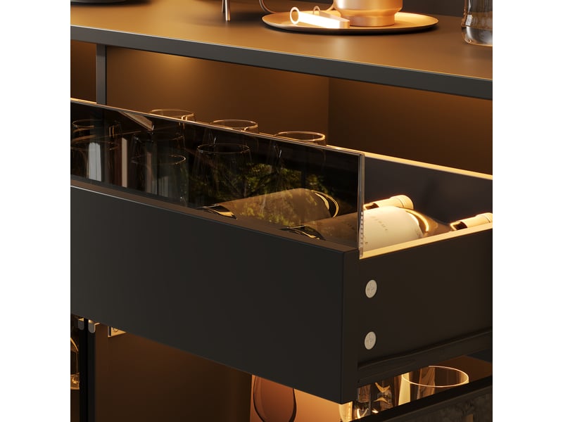  Vitrine 120x40x180 cm - 8 portes vitrées et 2 tiroirs - led multicolore via app - niche ouverte - verre trempé gris et mdf noir  - Conforama E