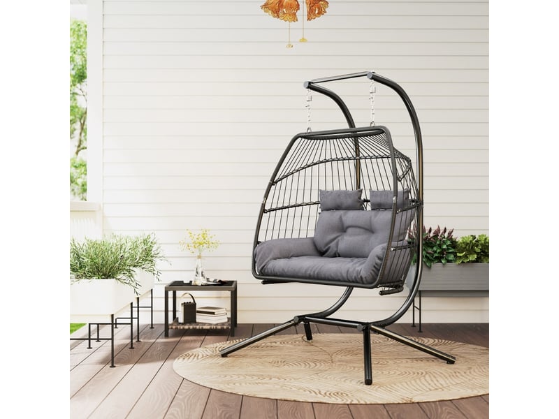  Banc de jardin fauteuil suspendu 2 personnes charge jusqu’à 260 kg structure acier thermolaqué stabilité triangulaire au sol rotin synthétique dossier en tressage de corde forme ergonomique coussin en mousse épaisse  - Conforama C