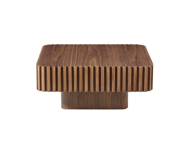  Table basse carrée avec plateau plaqué noyer et cadre en bois massif rainuré - pour salon - 80×80×35 cm - noyer  - Conforama A