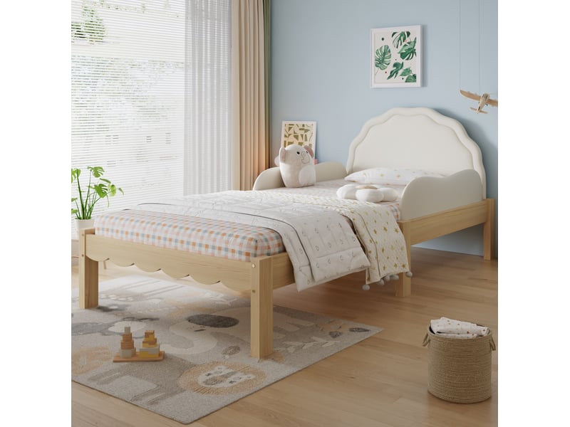  Lit enfant 90x200 cm beige et bois avec tête de lit pu et barrières latérales  - Conforama D