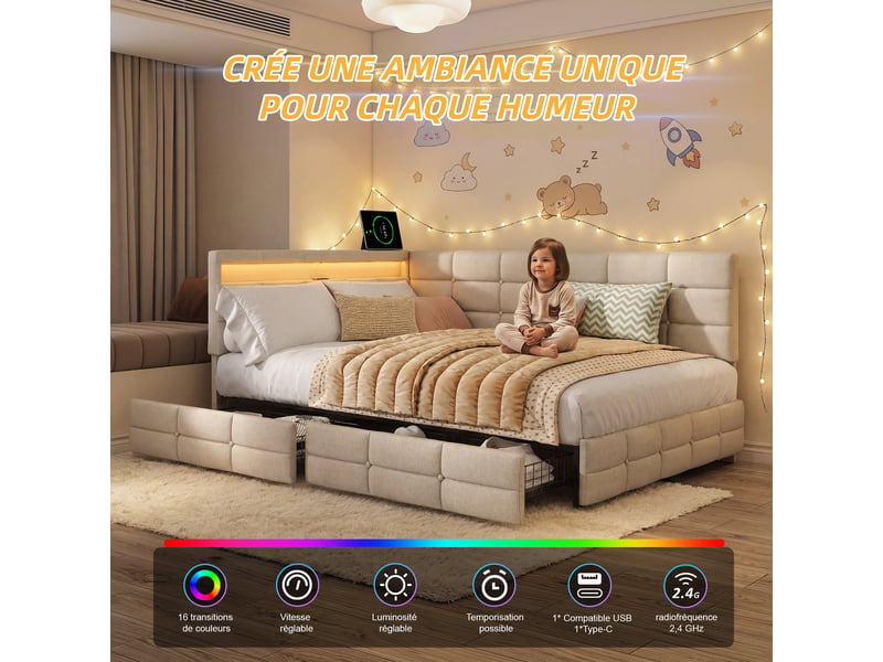 Kefsr lit double capitonné 140x200 cm, lit d'angle banquette avec 2 tiroirs, éclairage led, prises usbtype-c et sommier à lattes, tissu lin beige - Conforama D