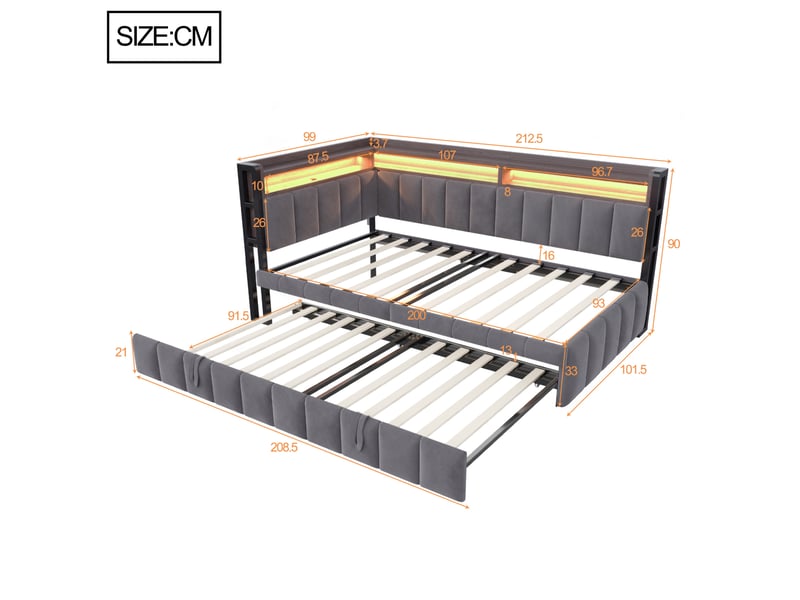 Lit banquette enfant 90x200 cm gris foncé velours, lit gigogne avec led, rangements et ports de charge usb type-c - Conforama C