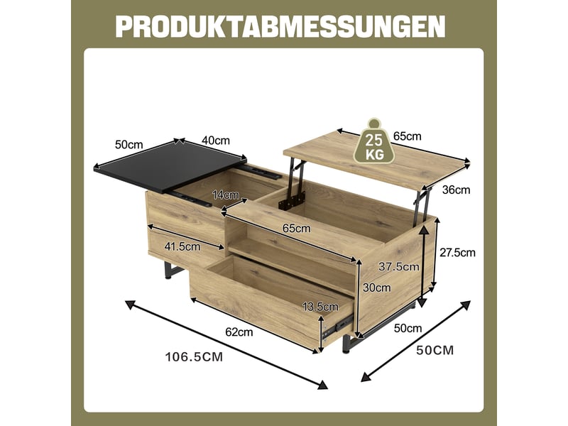  Table basse relevable - 106.5x50x37.5cm - led, double plateau, rangement multifonction, style rétro - bois et noir  - Conforama E