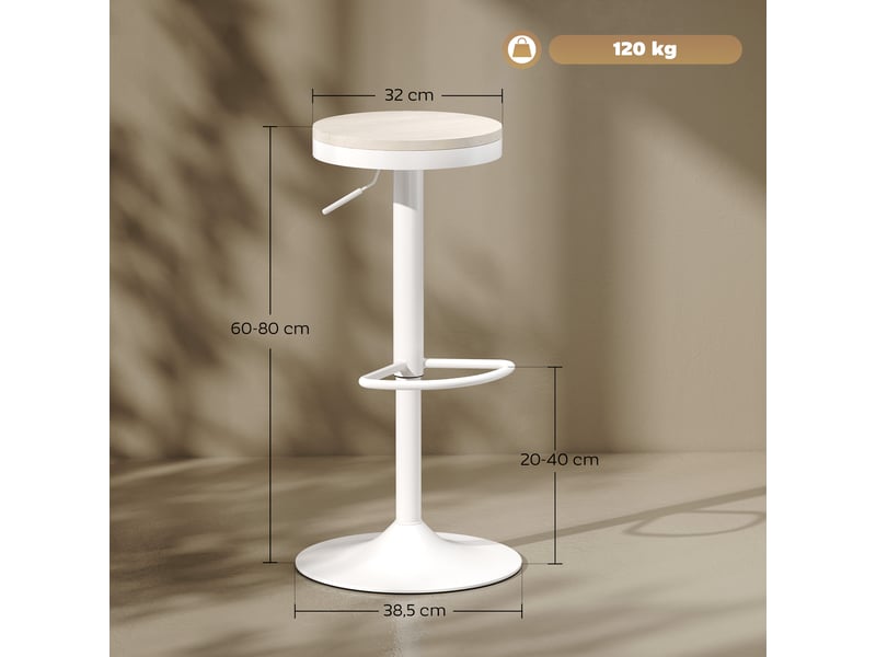  Lot de 2 tabourets de bar, chaises de bar pivotantes avec assise en hévéa, hauteur réglable et repose-pieds, blanc  - Conforama E