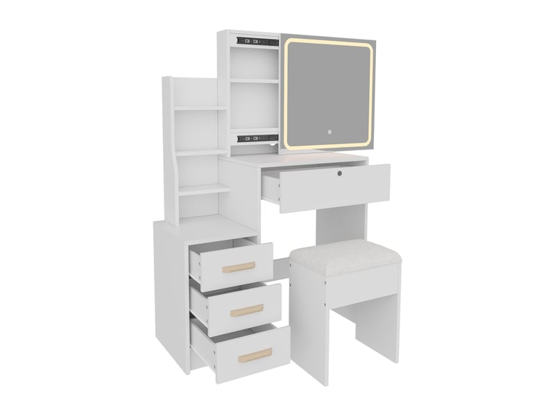  Coiffeuse avec miroir led, avec tabouret et 4 tiroirs, panneaux de particules, meuble coiffeuse chambre moderne l85xh130 cm, blanc  - Conforama D