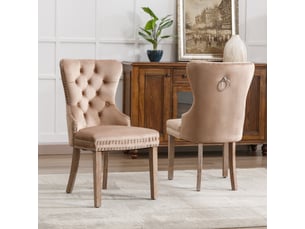 Lot de 2 chaises de salle à manger en bois massif, assise velours brun, clous décoratifs et poignée au dossier