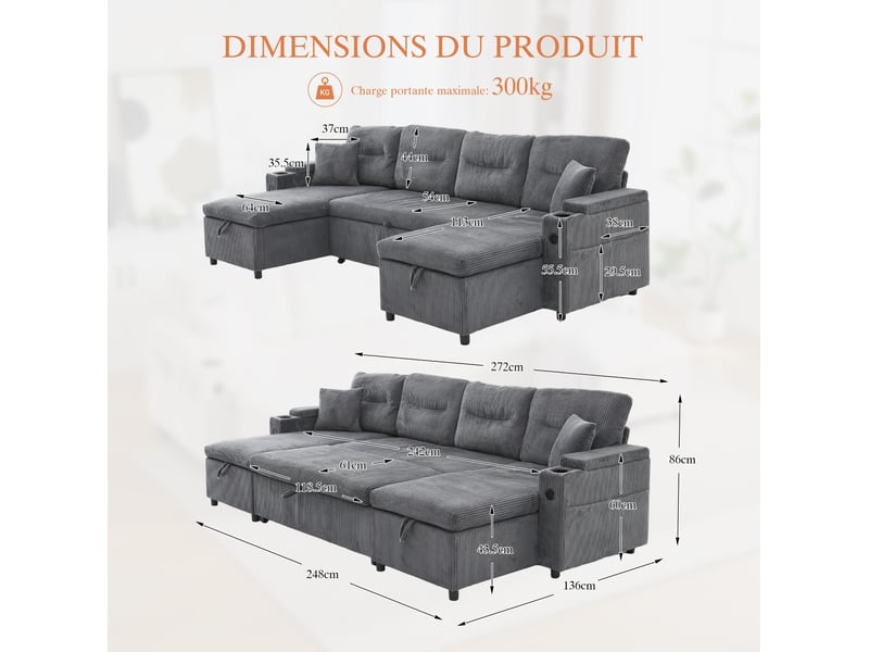  Canapé scandinave 4 places 272x136x86 cm, velours côtelé gris, deux méridiennes réversibles, coffres, porte-gobelets, usb-c  - Conforama C