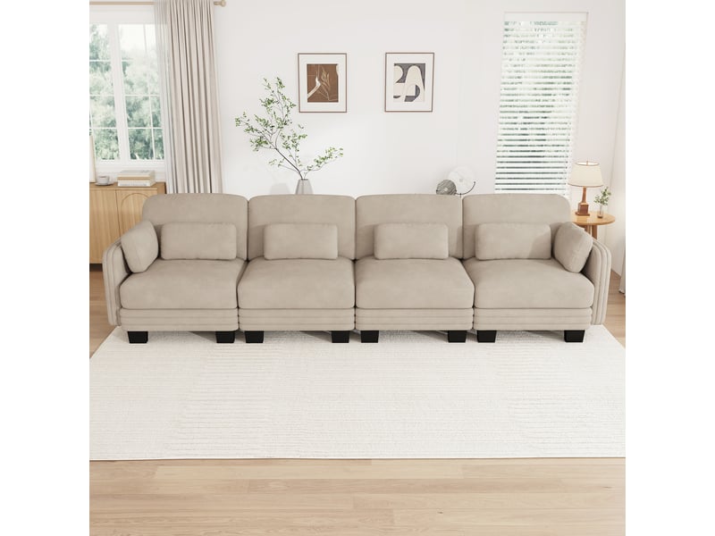  Canapé modulaire 4 places en chenille, canapé droit marron clair pour salon, coussins lombaires et accoudoirs inclus  - Conforama C
