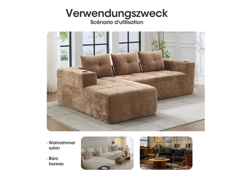  Canapé d'angle - marron clair - chenille rembourré - 258 cm de longueur - 163 cm de largeur - 68 cm de hauteur 258x163x68cm - Conforama D